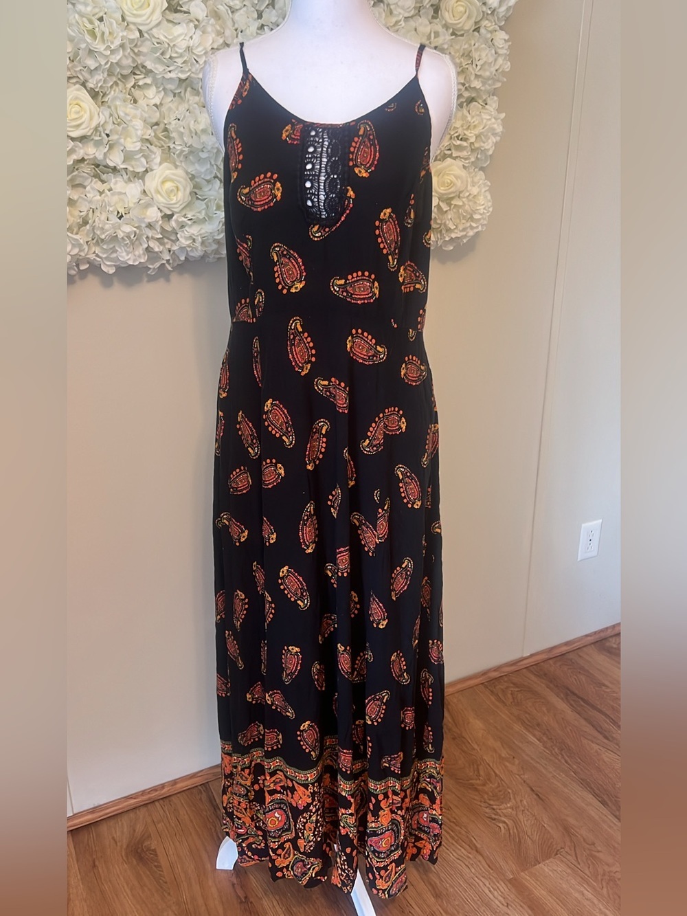 Band of Gypsies Black Maxi Dress with Orange Paisley Print
